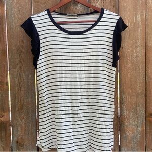 BOM BOM Women’s Black White Stripe Short Ruffle Sleeve Shirt Size Medium